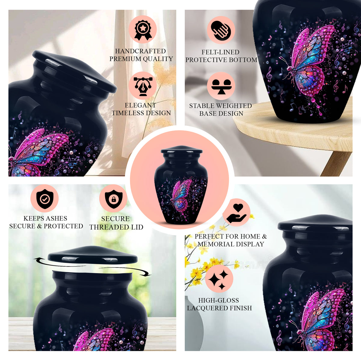 Butterfly Cremation Urn for Ashes - Pink and Blue Music Butterfly Memorial Urn