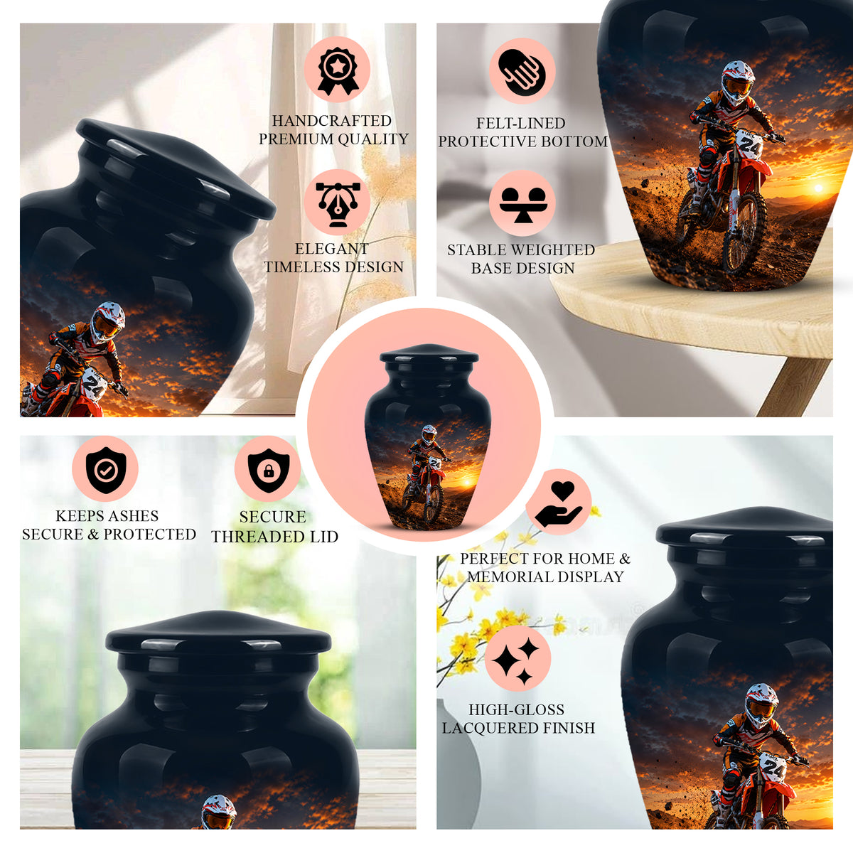 Motocross Sunset Cremation Urn for Human Ashes – Personalized Dirt Bike Memorial Urn