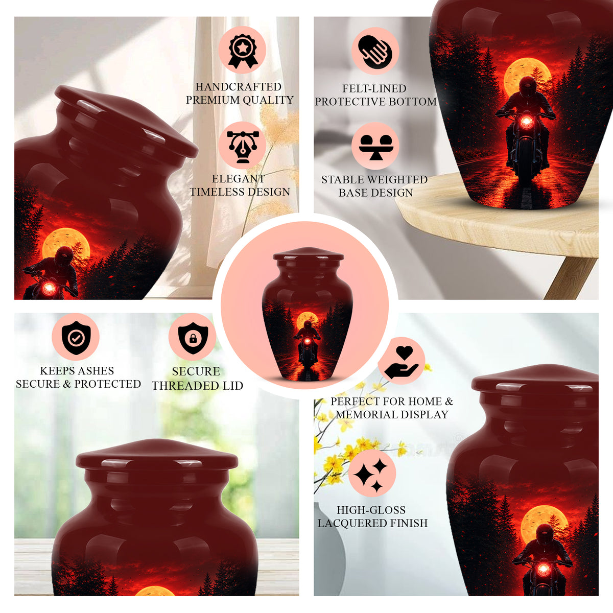 Red Moon Motorcycle Memorial Cremation Urn for Human Ashes – Personalized Biker Tribute Urn