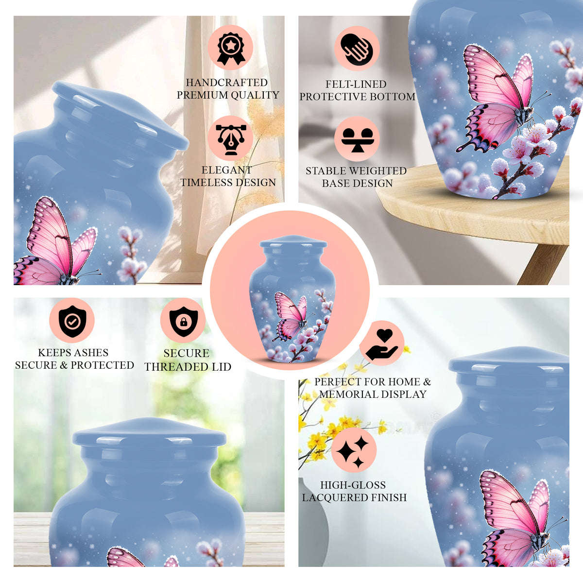 Pink Butterfly Cremation Urn - Cherry Blossom Memorial Keepsake
