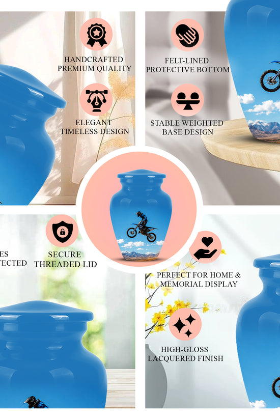 Blue Dirt Bike Memorial Cremation Urn for Human Ashes – Personalized Motocross Tribute Urn