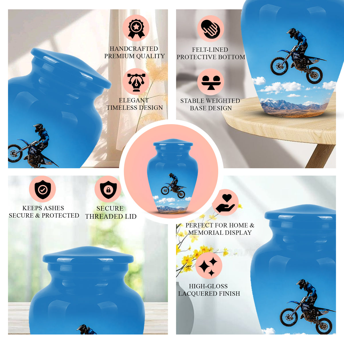 Blue Dirt Bike Memorial Cremation Urn for Human Ashes – Personalized Motocross Tribute Urn
