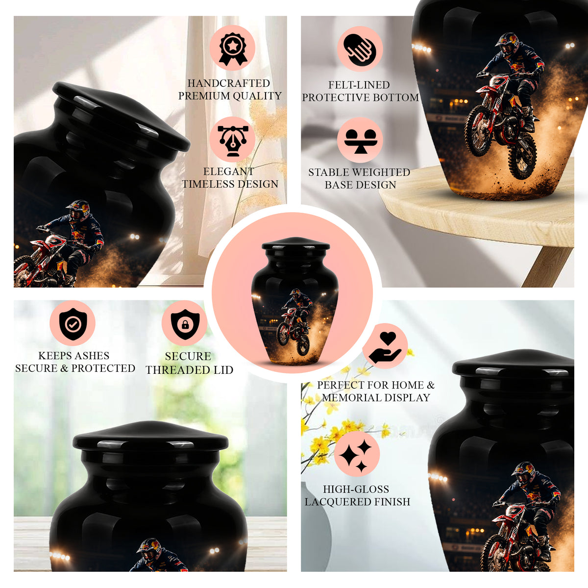 Motocross Rider Memorial Cremation Urn for Human Ashes – Personalized Dirt Bike Tribute Urn