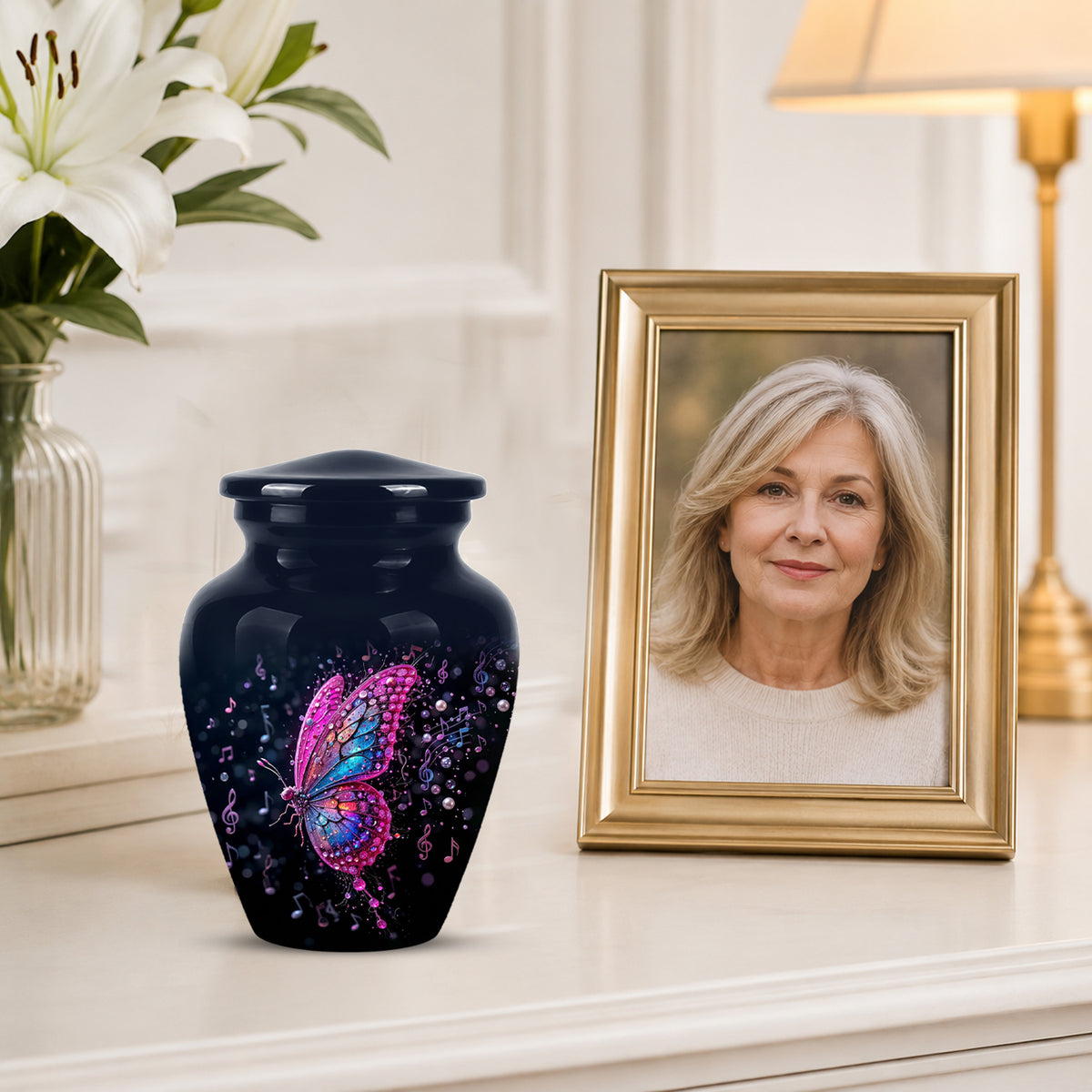 Butterfly Cremation Urn for Ashes - Pink and Blue Music Butterfly Memorial Urn