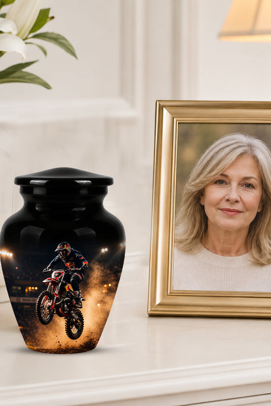 Motocross Rider Memorial Cremation Urn for Human Ashes – Personalized Dirt Bike Tribute Urn