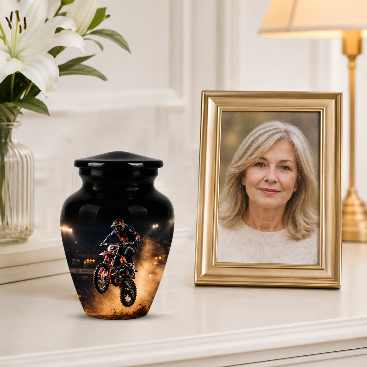 Motocross Rider Memorial Cremation Urn for Human Ashes – Personalized Dirt Bike Tribute Urn