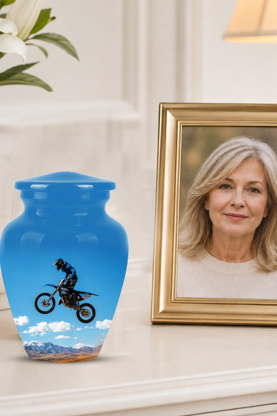 Blue Dirt Bike Memorial Cremation Urn for Human Ashes – Personalized Motocross Tribute Urn