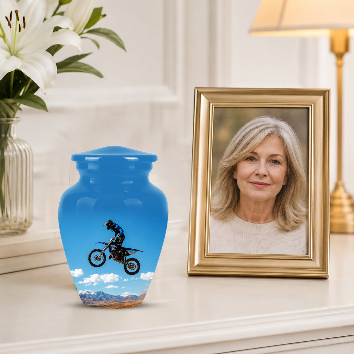 Blue Dirt Bike Memorial Cremation Urn for Human Ashes – Personalized Motocross Tribute Urn