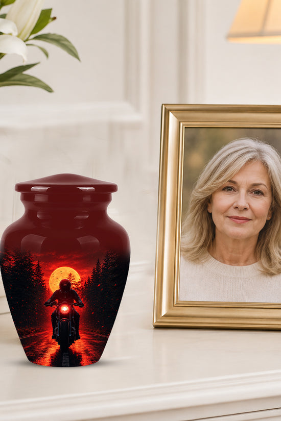 Red Moon Motorcycle Memorial Cremation Urn for Human Ashes – Personalized Biker Tribute Urn