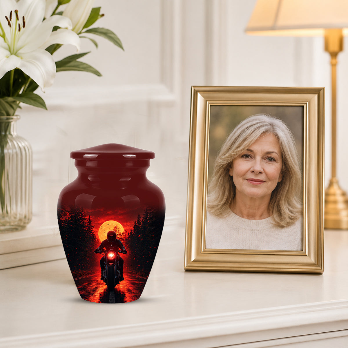 Red Moon Motorcycle Memorial Cremation Urn for Human Ashes – Personalized Biker Tribute Urn