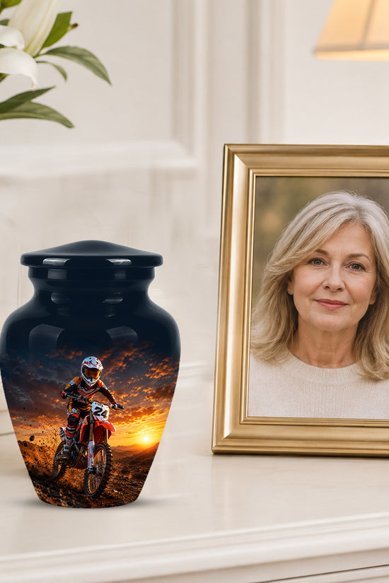 Motocross Sunset Cremation Urn for Human Ashes – Personalized Dirt Bike Memorial Urn