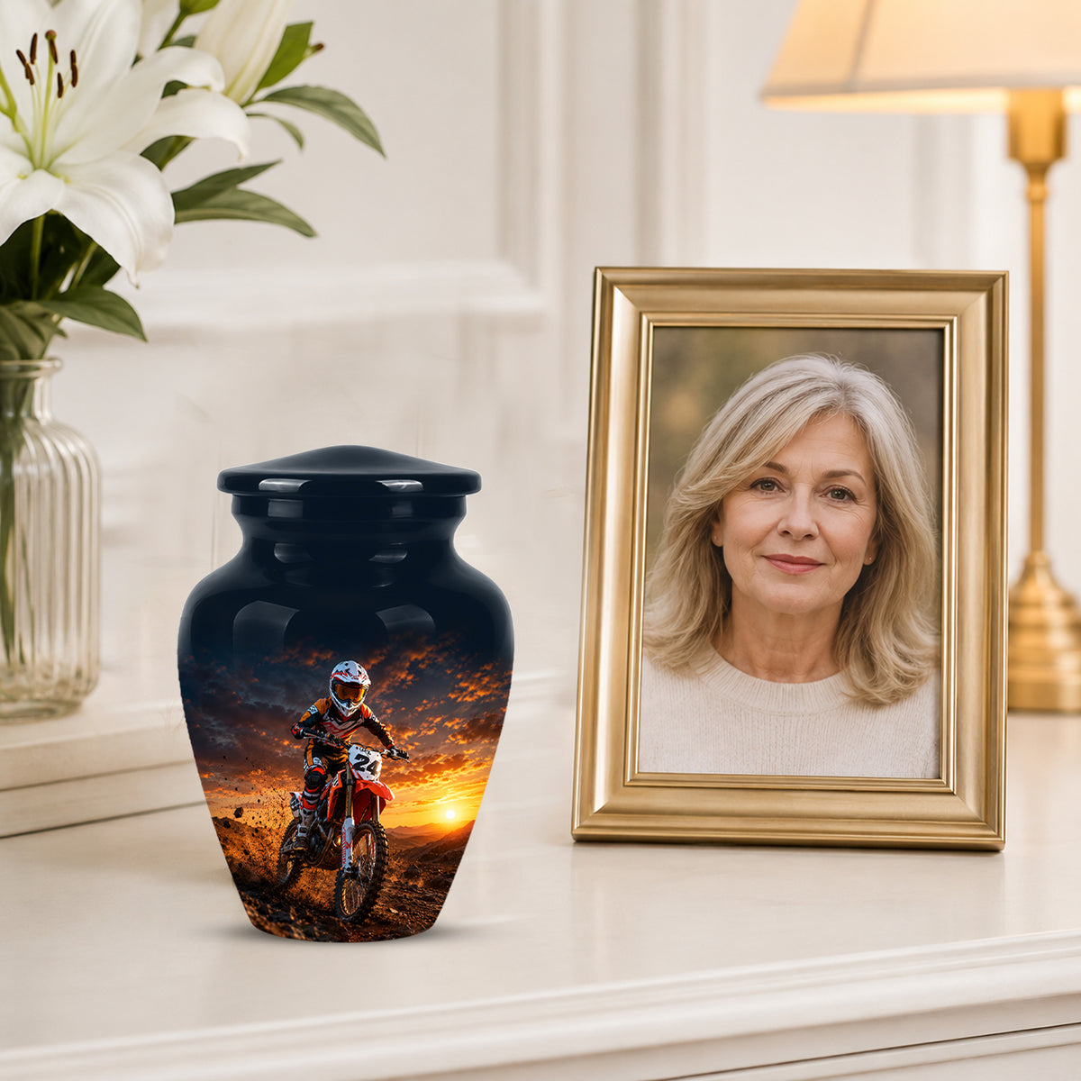 Motocross Sunset Cremation Urn for Human Ashes – Personalized Dirt Bike Memorial Urn