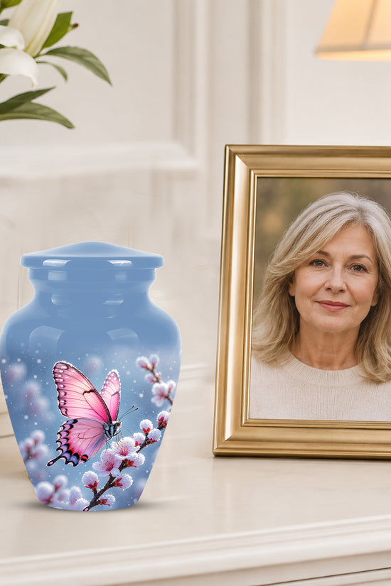 Pink Butterfly Cremation Urn - Cherry Blossom Memorial Keepsake