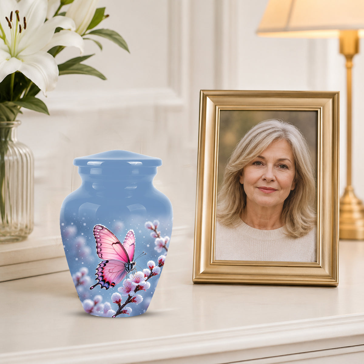 Pink Butterfly Cremation Urn - Cherry Blossom Memorial Keepsake