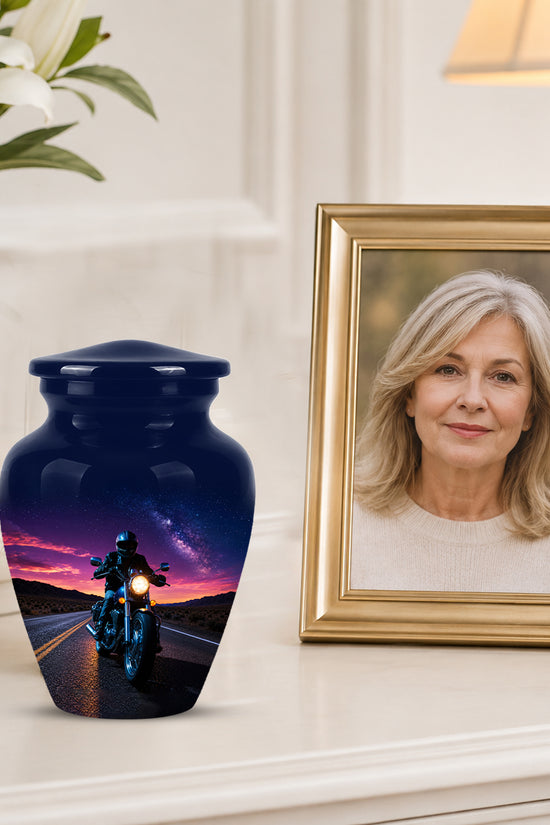 Motorcycle Cremation Urn - Rider Memorial Tribute, Metal Keepsake Urn