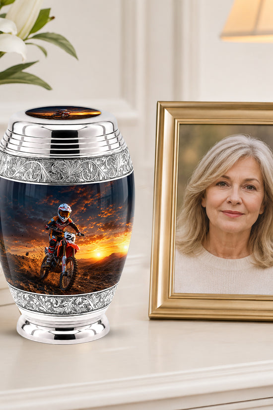 Motocross Sunset Cremation Urn for Human Ashes – Personalized Dirt Bike Memorial Urn