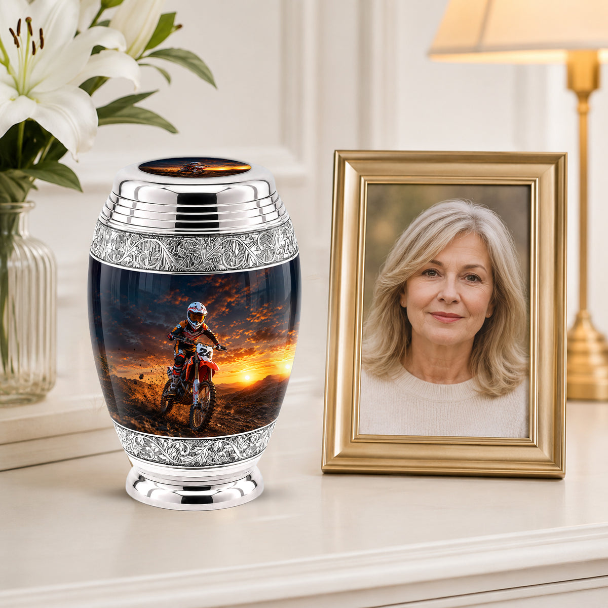 Motocross Sunset Cremation Urn for Human Ashes – Personalized Dirt Bike Memorial Urn