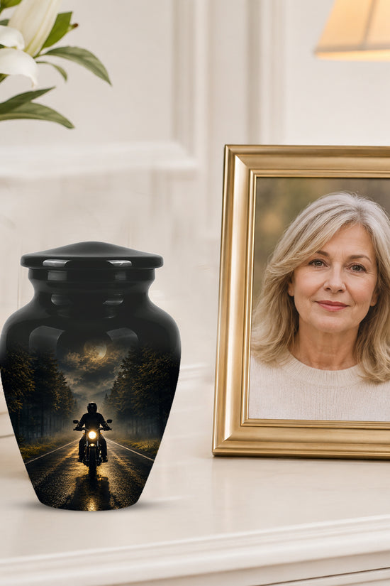 Motorcycle Cremation Urn - Rider on Forest Road Memorial Tribute