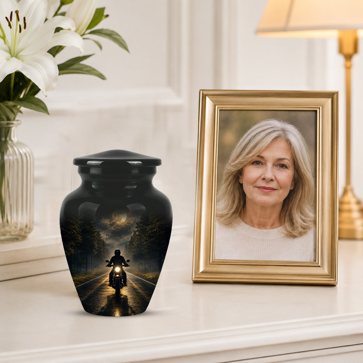 Motorcycle Cremation Urn - Rider on Forest Road Memorial Tribute