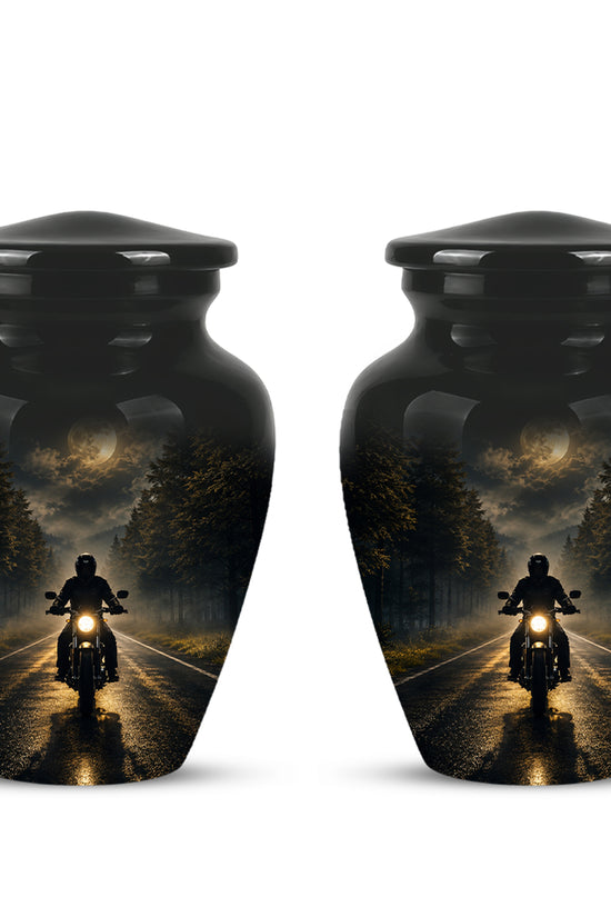 Motorcycle Cremation Urn - Rider on Forest Road Memorial Tribute