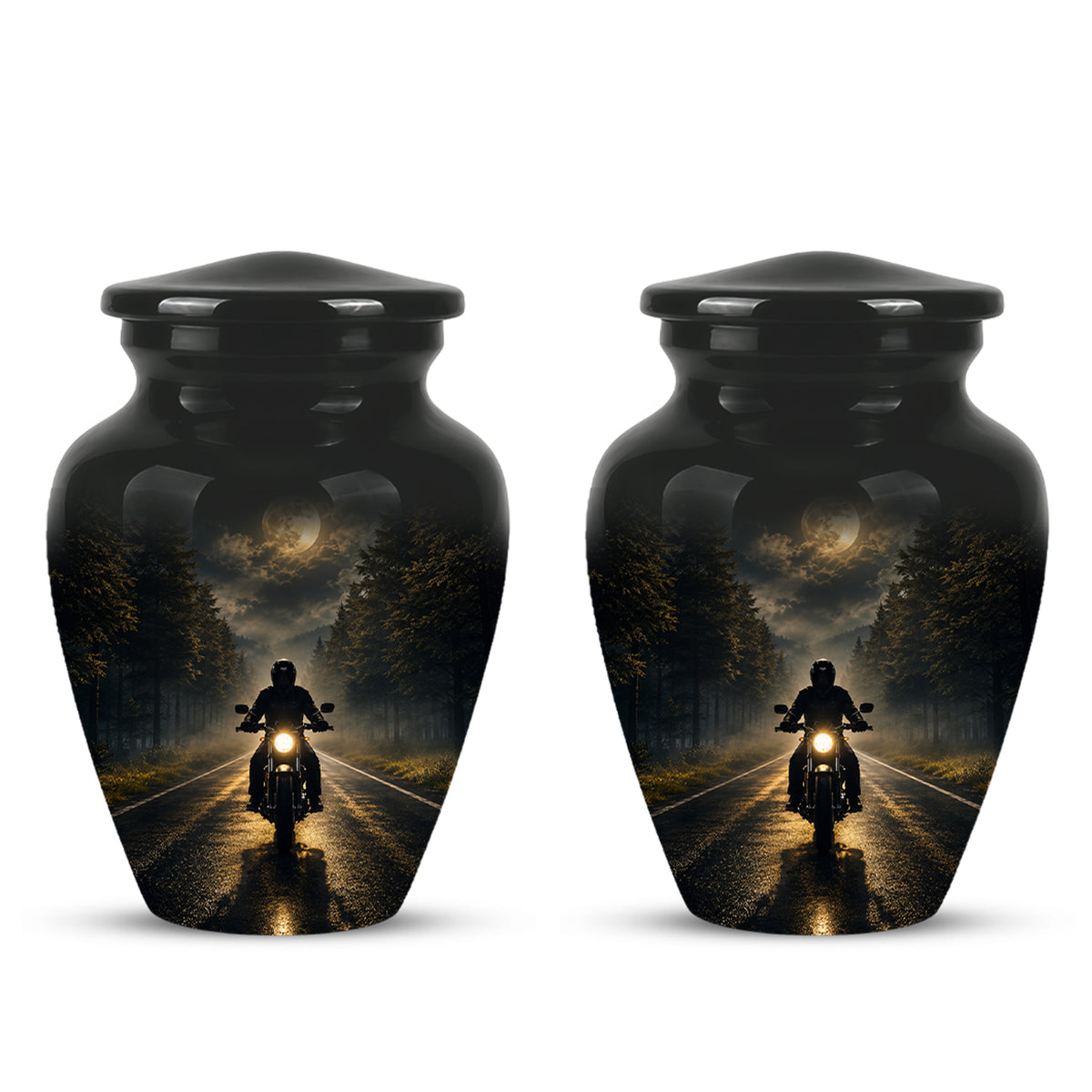 Motorcycle Cremation Urn - Rider on Forest Road Memorial Tribute