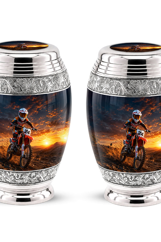 Motocross Sunset Cremation Urn for Human Ashes – Personalized Dirt Bike Memorial Urn