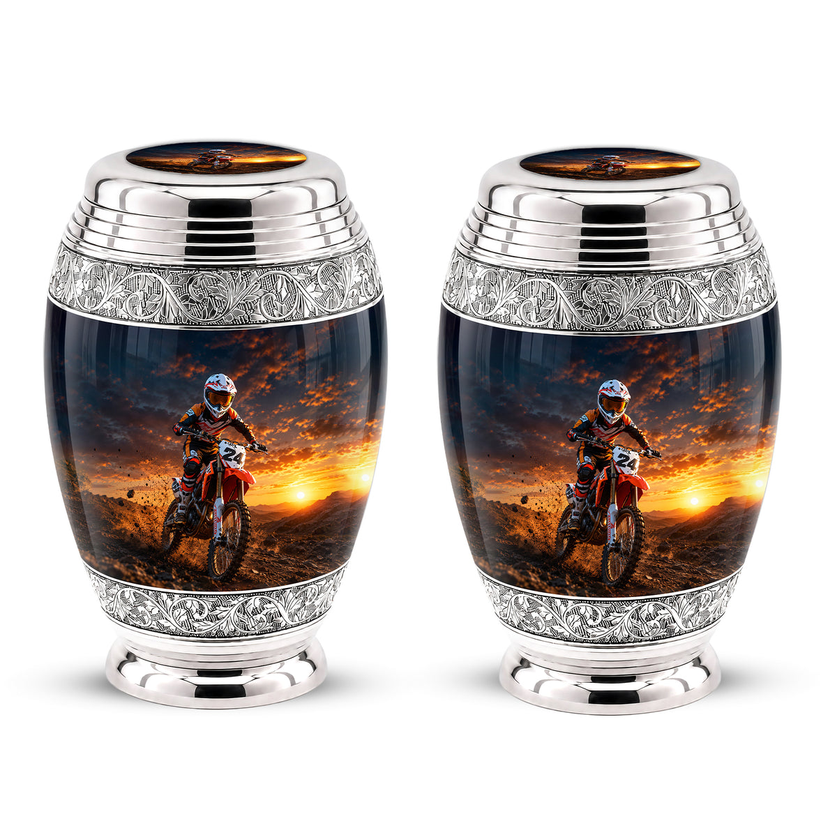 Motocross Sunset Cremation Urn for Human Ashes – Personalized Dirt Bike Memorial Urn
