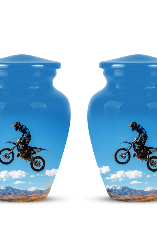 Blue Dirt Bike Memorial Cremation Urn for Human Ashes – Personalized Motocross Tribute Urn