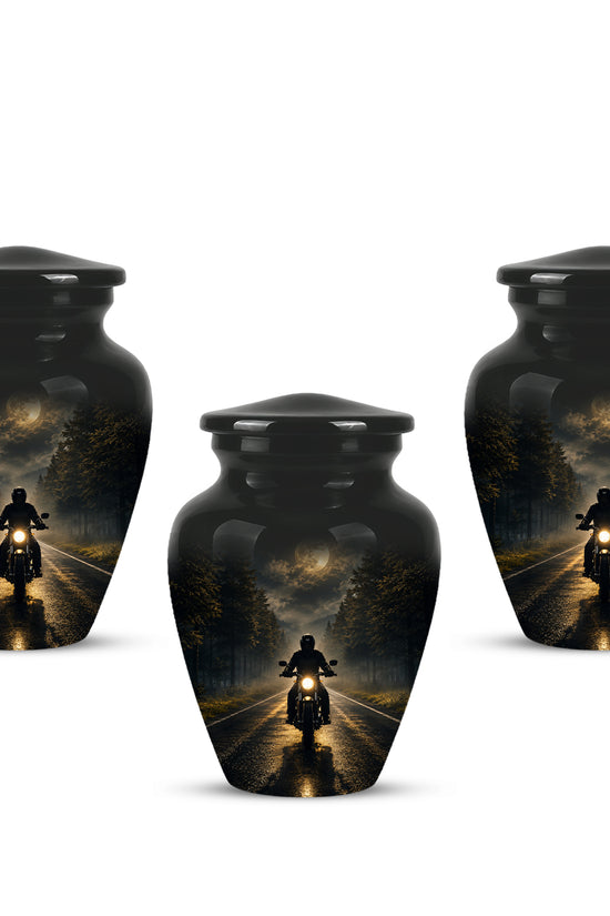 Motorcycle Cremation Urn - Rider on Forest Road Memorial Tribute