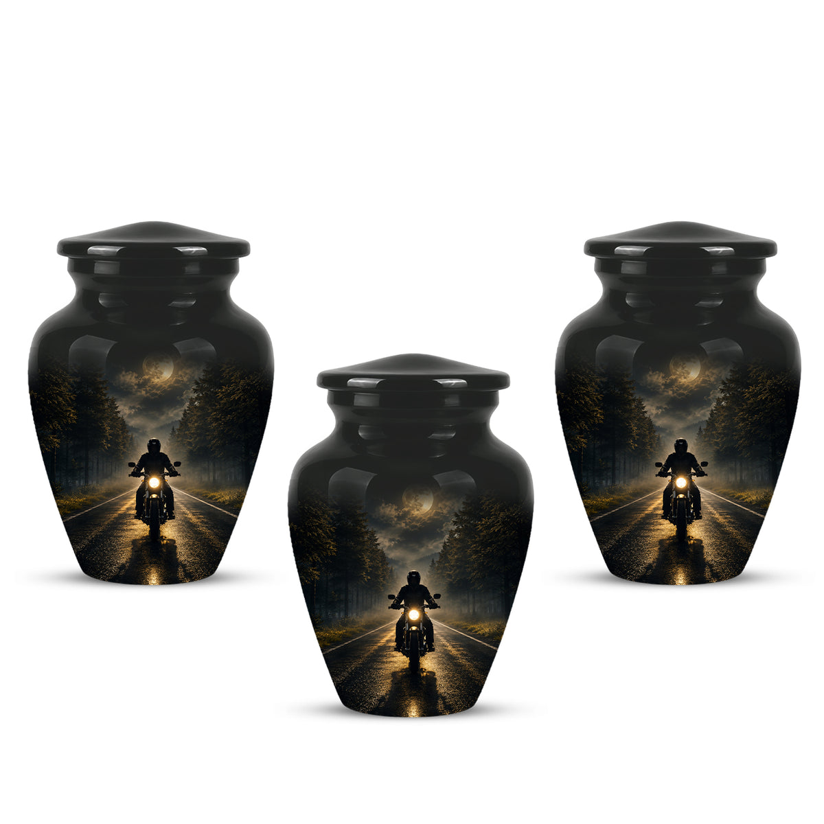 Motorcycle Cremation Urn - Rider on Forest Road Memorial Tribute