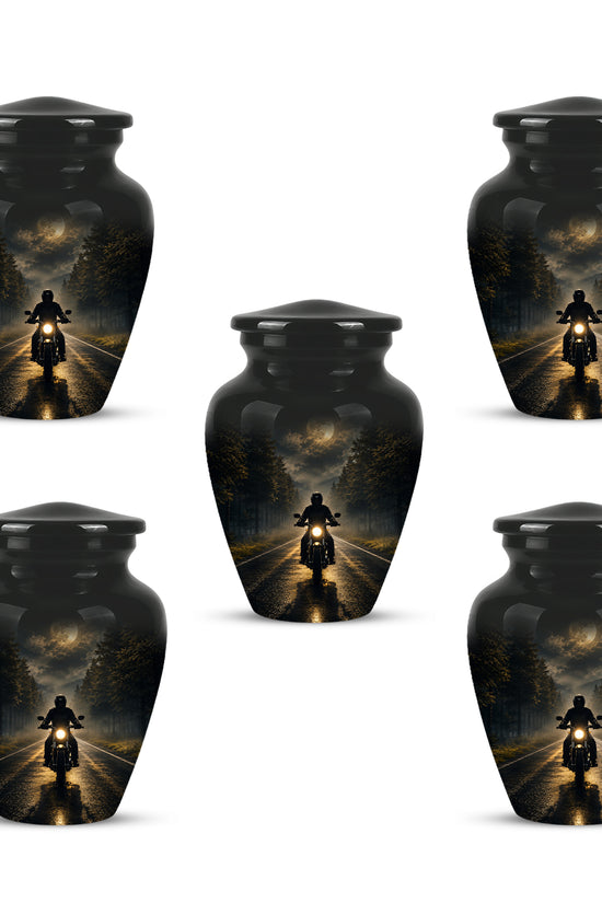 Motorcycle Cremation Urn - Rider on Forest Road Memorial Tribute