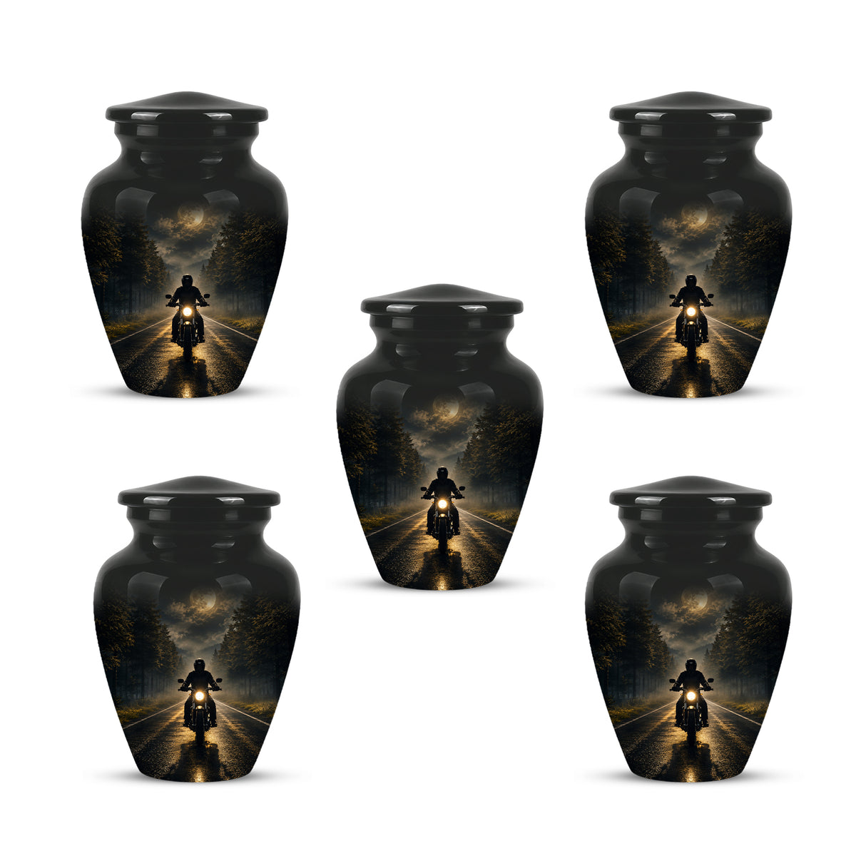 Motorcycle Cremation Urn - Rider on Forest Road Memorial Tribute