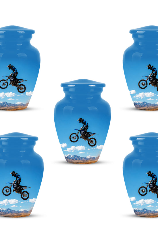 Blue Dirt Bike Memorial Cremation Urn for Human Ashes – Personalized Motocross Tribute Urn