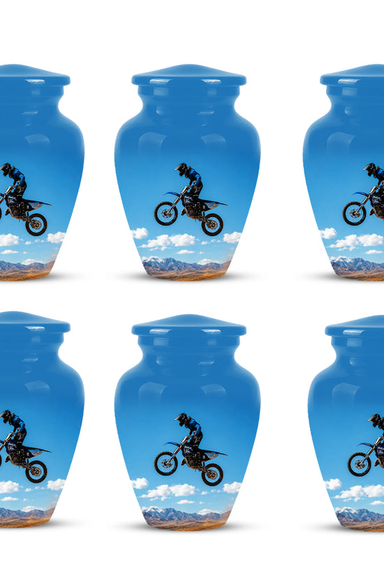 Blue Dirt Bike Memorial Cremation Urn for Human Ashes – Personalized Motocross Tribute Urn