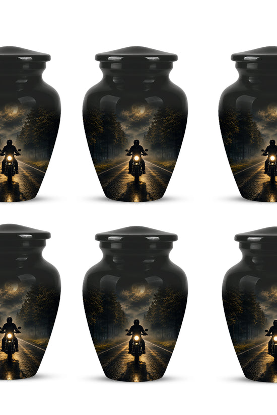 Motorcycle Cremation Urn - Rider on Forest Road Memorial Tribute