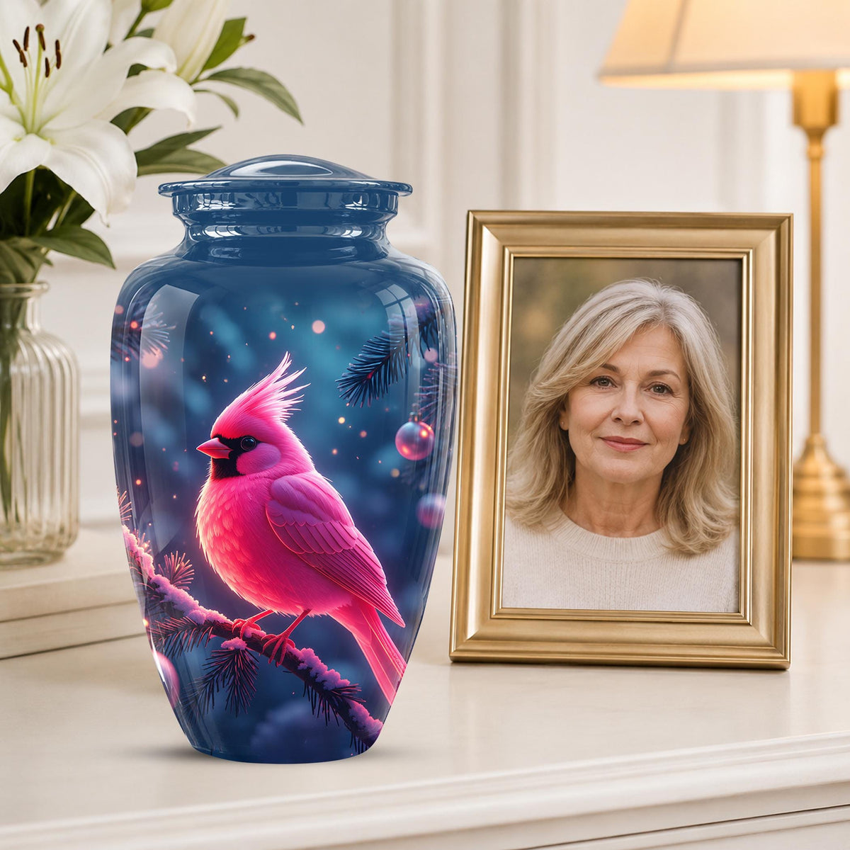 Personalized Pink Cardinal Urn, Memorial Keepsake, Sympathy Tribute