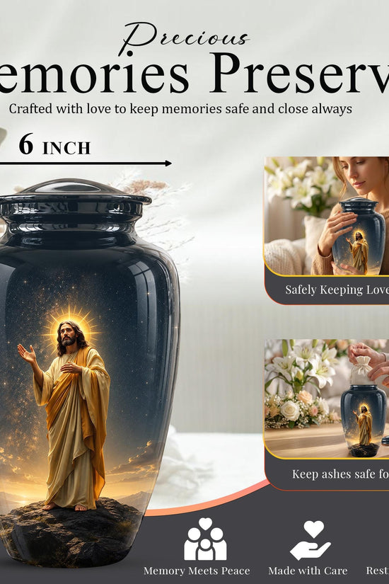 Christian Jesus Cremation Urn, Adult Memorial Keepsake, Glossy Black Finish