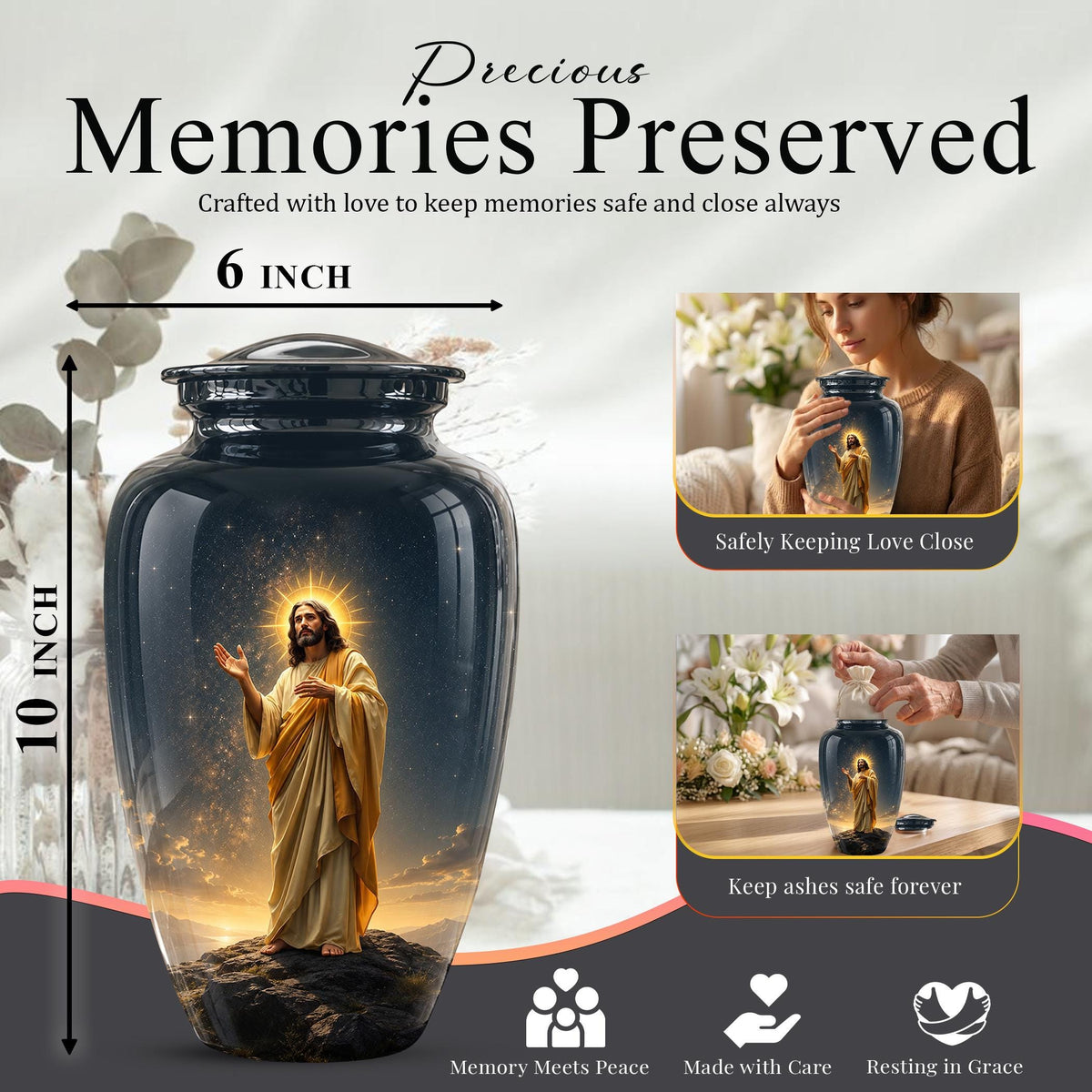 Christian Jesus Cremation Urn, Adult Memorial Keepsake, Glossy Black Finish