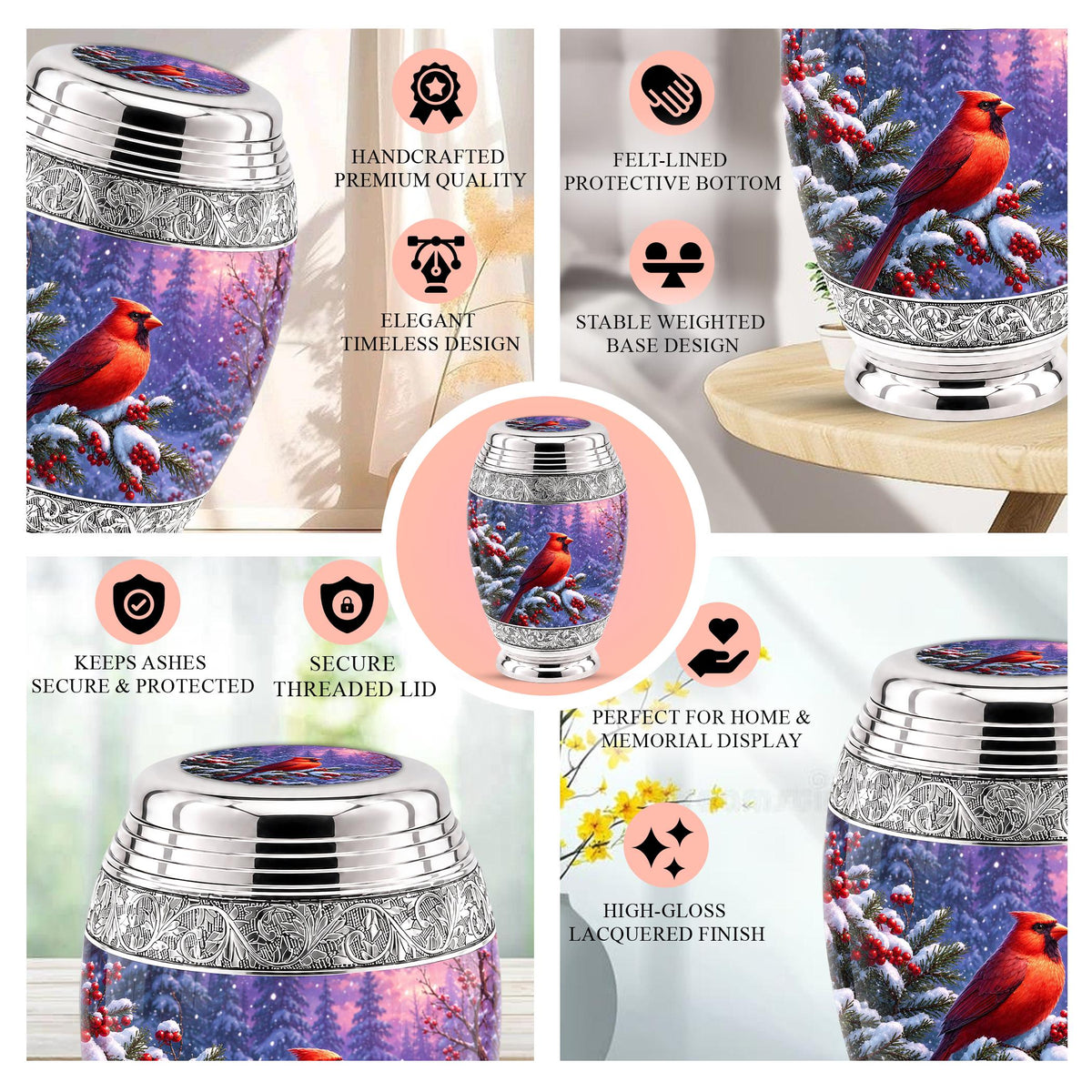 Personalized Cardinal Cremation Urn, Winter Forest Ashes Memorial (200 Cubic)