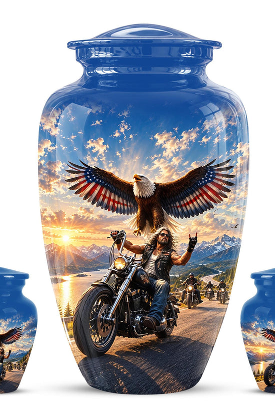 Motorcycle Eagle Cremation Urn for Ashes - Biker Memorial Urn, Blue Sky Sunset Motorcycle Tribute