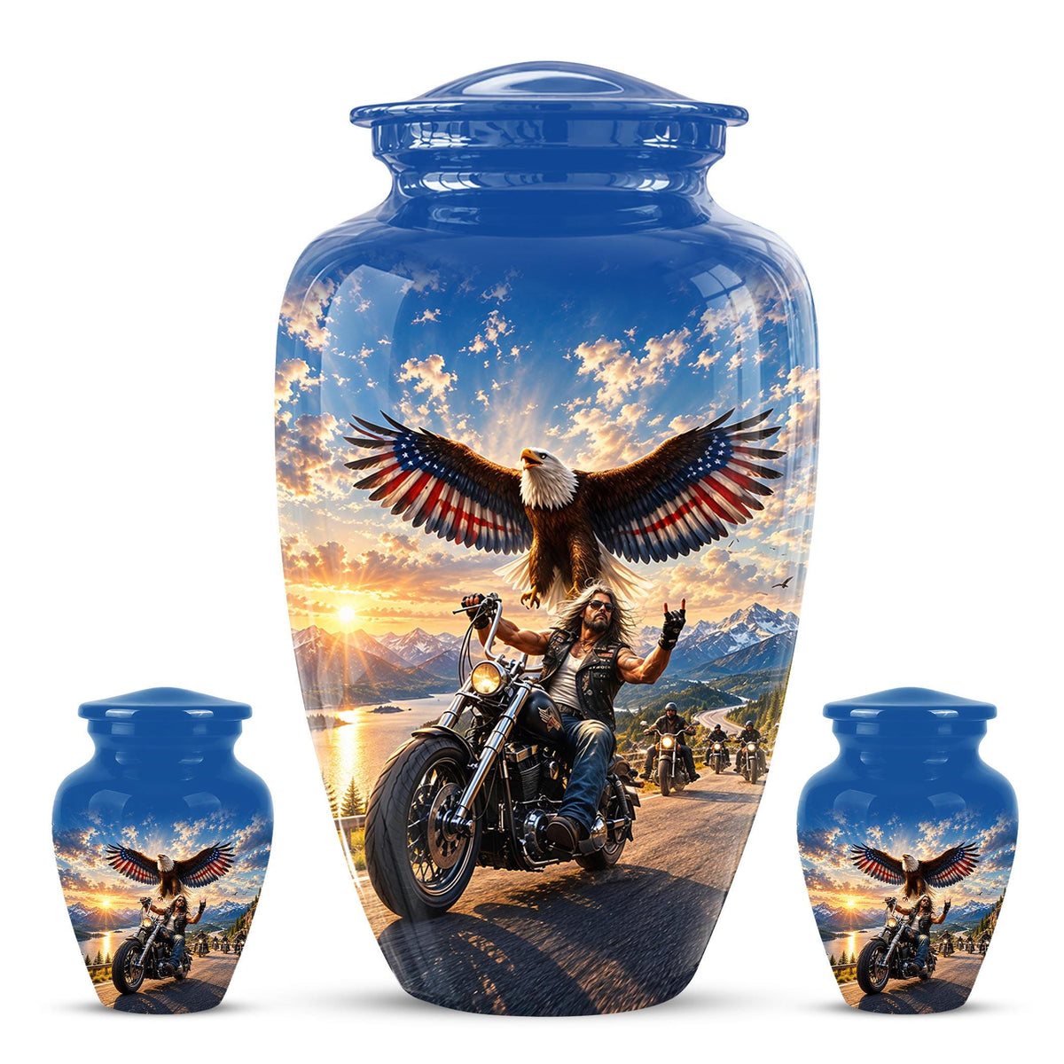 Motorcycle Eagle Cremation Urn for Ashes - Biker Memorial Urn, Blue Sky Sunset Motorcycle Tribute