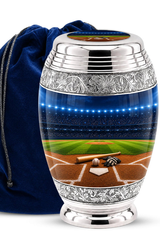 Baseball Cremation Urn for Ashes - Silver Baseball Glove and Bat Memorial Urn