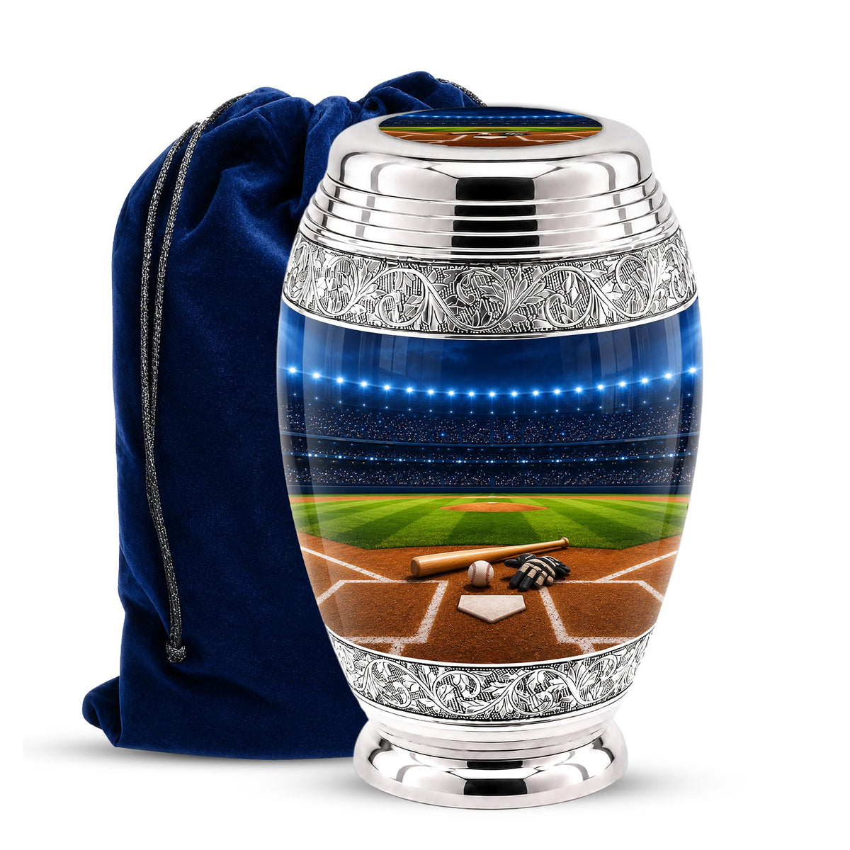 Baseball Cremation Urn for Ashes - Silver Baseball Glove and Bat Memorial Urn