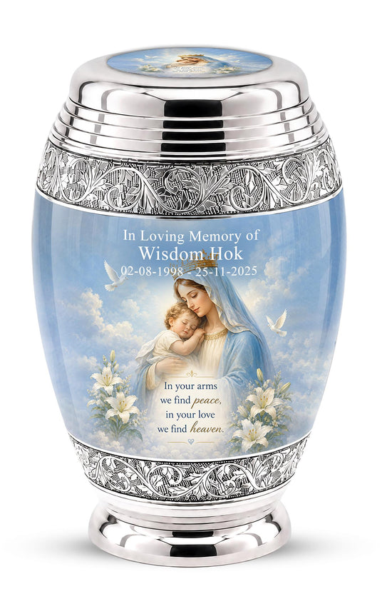 Personalized Virgin Mary Cremation Urn for Ashes - Mother and Child Catholic Memorial Urn, Mary and Jesus Religious Tribute