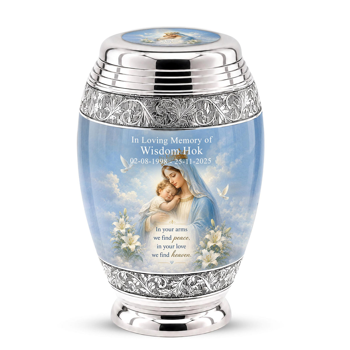 Personalized Virgin Mary Cremation Urn for Ashes - Mother and Child Catholic Memorial Urn, Mary and Jesus Religious Tribute