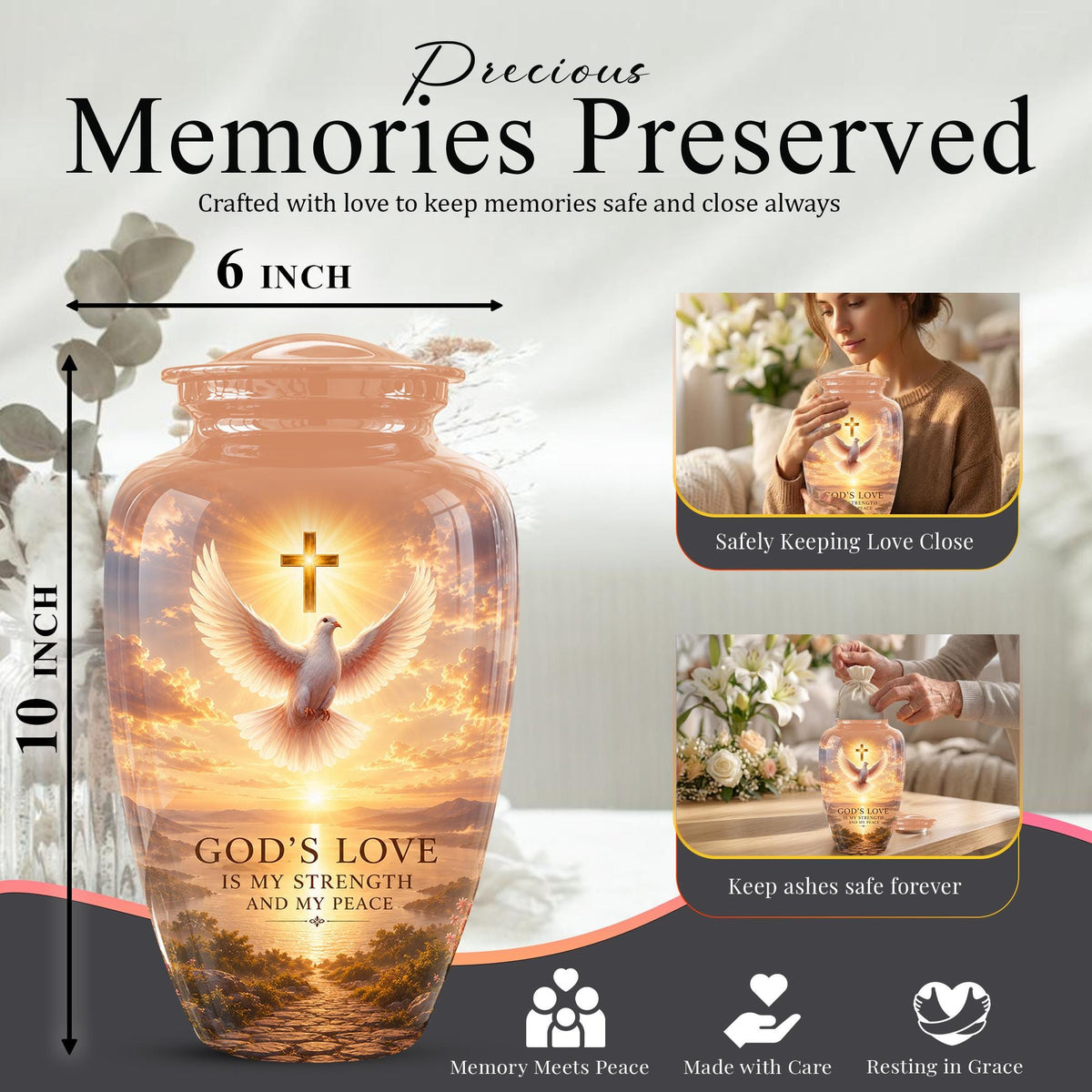 Personalized Christian Cremation Urn, Cross Dove Memorial Urn - Religious Sympathy Keepsake