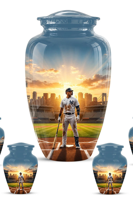 Baseball Player Cremation Urn for Ashes - City Skyline Sunset Memorial Urn