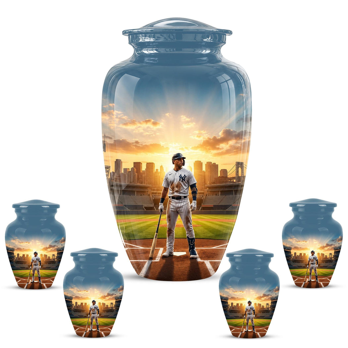 Baseball Player Cremation Urn for Ashes - City Skyline Sunset Memorial Urn