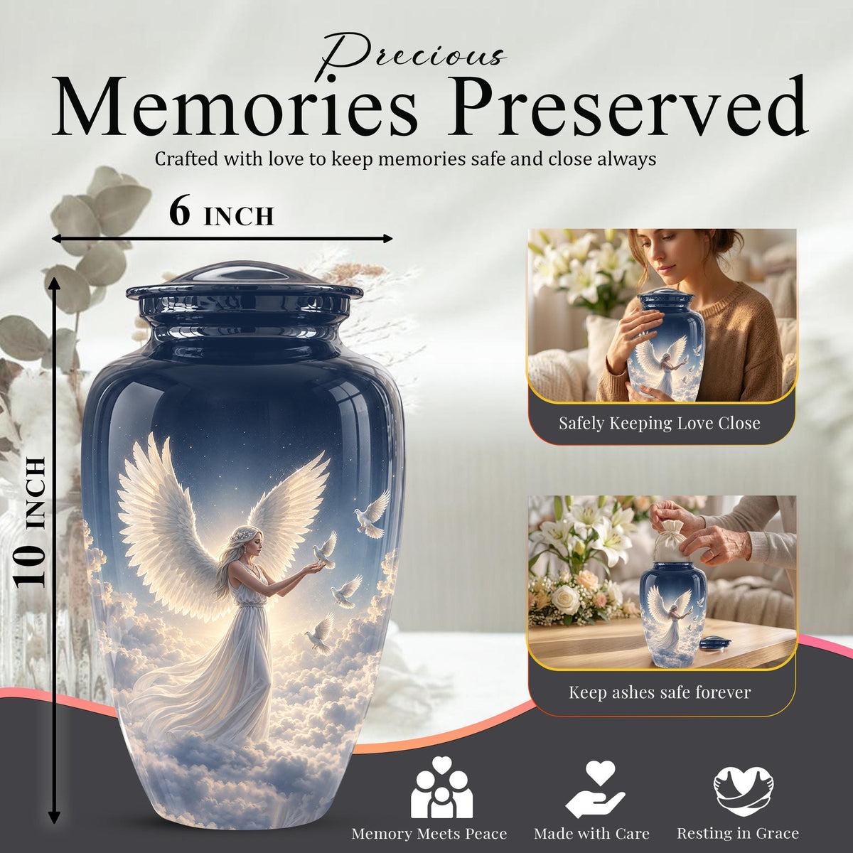 Personalized Angel Cremation Urn for Ashes - Female Angel Dove Memorial Urn