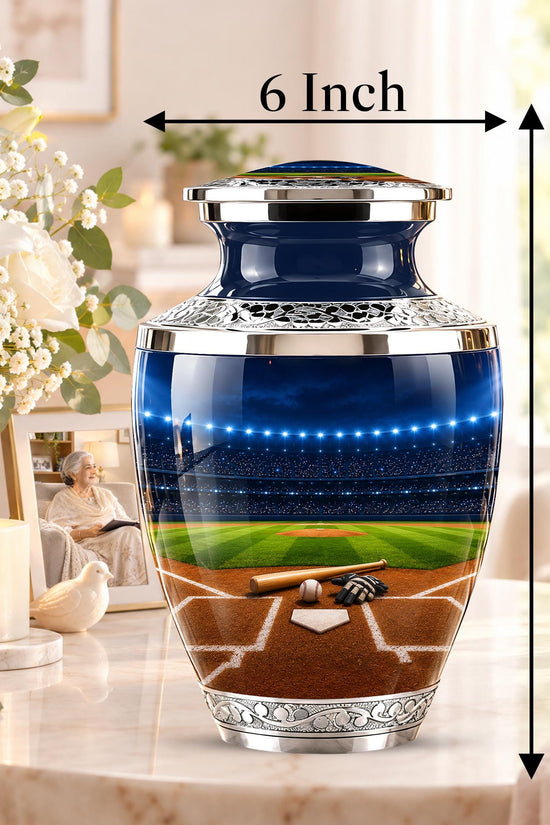 Baseball Cremation Urn for Ashes - Silver Baseball Stadium Memorial Urn